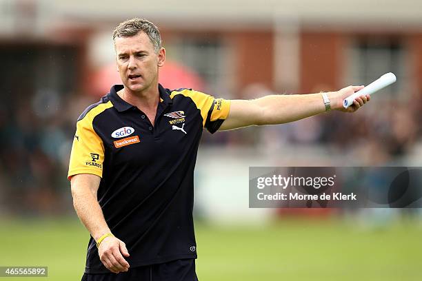 Adam Simpson, coach of the Eagles, looks on during the NAB Challenge match between the Port Adelaide Power and the West Coast Eagles at Norwood Oval...