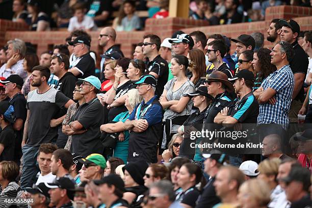 Spectators look on during the NAB Challenge match between the Port Adelaide Power and the West Coast Eagles at Norwood Oval on March 8, 2015 in...