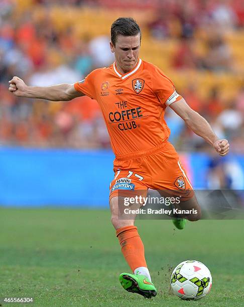 Matt McKay of the Roar in action during the round 20 A-League match between the Brisbane Roar and the Western Sydney Wanderers at Suncorp Stadium on...