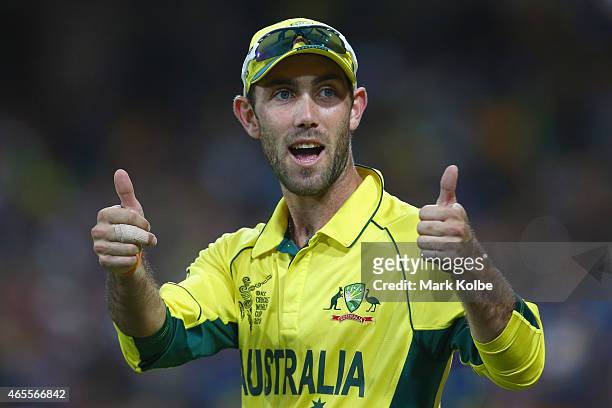 Glenn Maxwell of Australia gestures to the crowd during the 2015 ICC Cricket World Cup match between Australia and Sri Lanka at Sydney Cricket Ground...