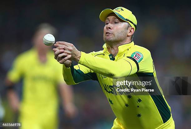 Michael Clarke of Australia drops a chance off Tillakaratne Dilshan of Sri Lanka during the 2015 ICC Cricket World Cup match between Australia and...