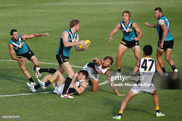 Matthew Lobbe of the Power wins the ball in the middle during the NAB Challenge match between the Port Adelaide Power and the West Coast Eagles at...