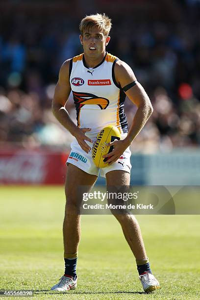 Brad Sheppard of the Eagles prepares to kick the ball during the NAB Challenge match between the Port Adelaide Power and the West Coast Eagles at...