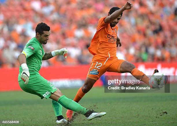 Dean Bouzanis of the Western Sydney Wanderers clears the ball just in time while under the pressure of Jean Carlos Solorzano of the Roar during the...