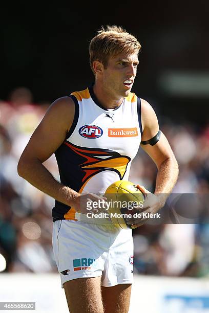 Brad Sheppard of the Eagles prepares to kick the ball during the NAB Challenge match between the Port Adelaide Power and the West Coast Eagles at...