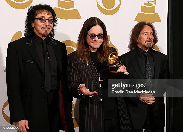 Tony Iommi, Ozzy Osbourne and Geezer Butler of 'Black Sabbath' pose in the press room at the 56th Annual GRAMMY Awards at Staples Center on January...