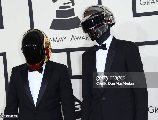 Thomas Bangalter and Guy-Manuel de Homem-Christo of 'Daft Punk' arrive at the 56th Annual GRAMMY Awards at Staples Center on January 26, 2014 in Los...