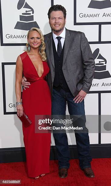 Miranda Lambert and Blake Shelton arrive at the 56th Annual GRAMMY Awards at Staples Center on January 26, 2014 in Los Angeles, California.