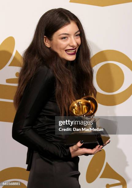 Lorde poses in the press room at the 56th Annual GRAMMY Awards at Staples Center on January 26, 2014 in Los Angeles, California.