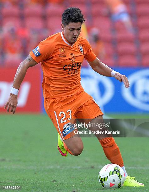 Dimitri Petratos of the Roar controls the ball during the round 20 A-League match between the Brisbane Roar and the Western Sydney Wanderers at...
