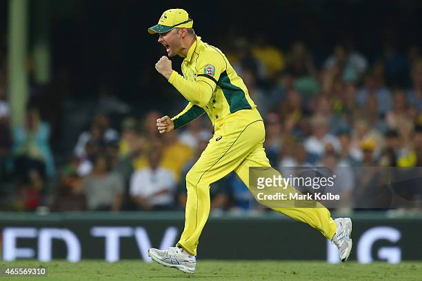 Michael Clarke of Australia celebrates running out Mahela Jayawardene of Sri Lanka during the 2015 ICC Cricket World Cup match between Australia and...