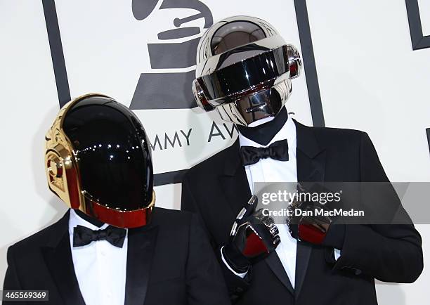 Thomas Bangalter and Guy-Manuel de Homem-Christo of 'Daft Punk' arrive at the 56th Annual GRAMMY Awards at Staples Center on January 26, 2014 in Los...