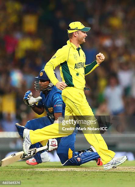 Michael Clarke of Australia celebrates after running out Mahela Jayawardene of Sri Lanka during the 2015 ICC Cricket World Cup match between...