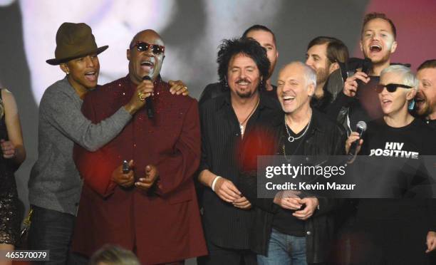 Pharrell Williams, Stevie Wonder, Peter Frampton and Annie Lennox perform onstage at "The Night That Changed America: A GRAMMY Salute To The Beatles"...