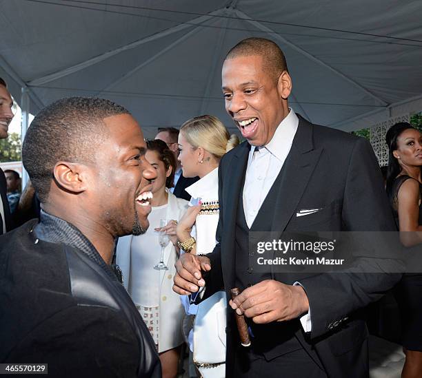 Kevin Hart and Jay-Z attend the Roc Nation Pre-GRAMMY Brunch presented by MAC Viva Glam at Private Residence on January 25, 2014 in Beverly Hills,...