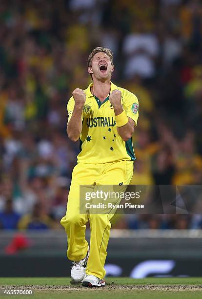 Shane Watson of Australia celebrates after taking the wicket of Angelo Mathews of Sri Lanka during the 2015 ICC Cricket World Cup match between...