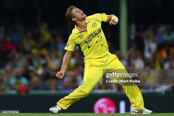 Shane Watson of Australia celebrates taking the wicket of Angelo Mathews of Sri Lanka during the 2015 ICC Cricket World Cup match between Australia...