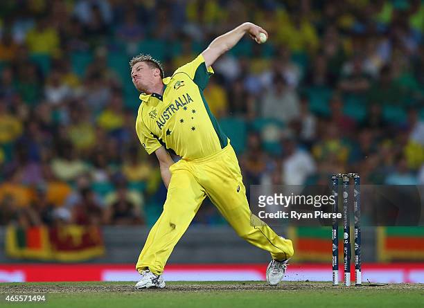 James Faulkner of Australia bowls a slower ball during the 2015 ICC Cricket World Cup match between Australia and Sri Lanka at Sydney Cricket Ground...