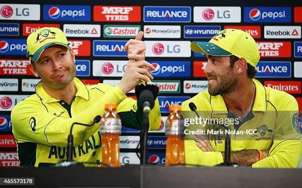 Michael Clarke and Glenn Maxwell of Australia answer questions from the media after the 2015 ICC Cricket World Cup match between Australia and Sri...