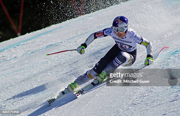 Lindsey Vonn of The USA races down the course while competing in the Audi FIS Alpine Ski World Cup Women's Super-G race on March 08 2015 in...