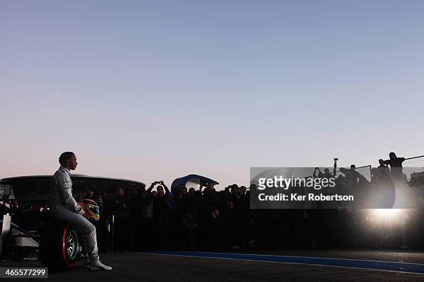 Lewis Hamilton of Great Britain and Mercedes GP attends the launch of the new Mercedes W05 during day one of Formula One Winter Testing at the...