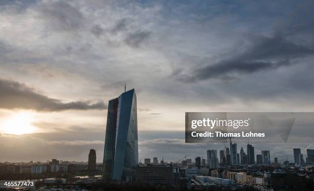 The general view from the eastside to new construction for the European Central Bank and the skyline of Frankfurt with the skycrapers on January 27,...