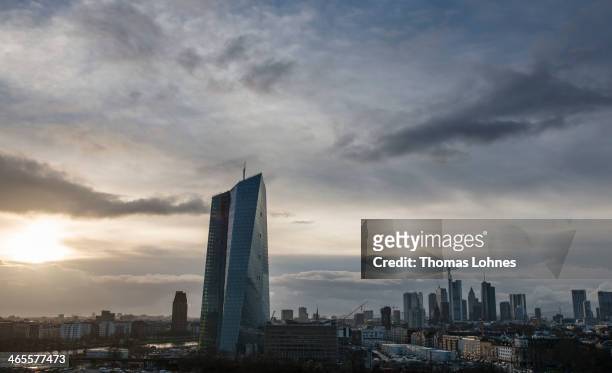 The general view from the eastside to new construction for the European Central Bank and the skyline of Frankfurt with the skycrapers on January 27,...