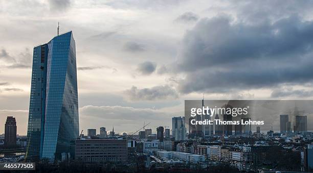 The general view from the eastside to new construction for the European Central Bank and the skyline of Frankfurt with the skycrapers on January 27,...