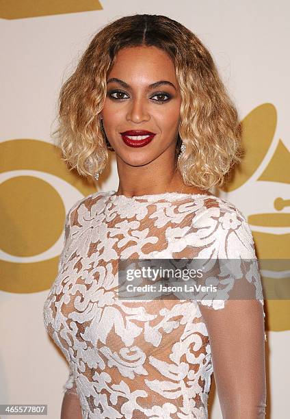 Beyonce poses in the press room at the 56th GRAMMY Awards at Staples Center on January 26, 2014 in Los Angeles, California.