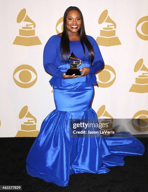 Tasha Cobbs poses in the press room at the 56th GRAMMY Awards at Staples Center on January 26, 2014 in Los Angeles, California.
