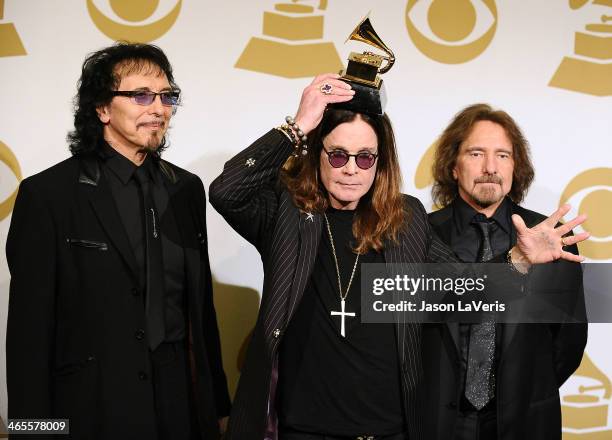 Tony Iommi, Ozzy Osbourne and Geezer Butler of Black Sabbath pose in the press room at the 56th GRAMMY Awards at Staples Center on January 26, 2014...