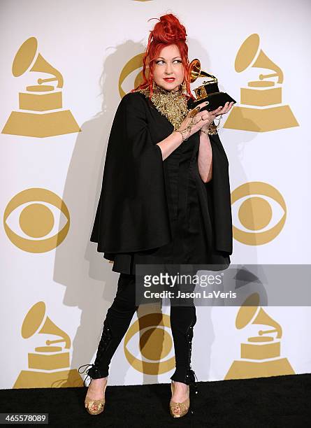 Cyndi Lauper poses in the press room at the 56th GRAMMY Awards at Staples Center on January 26, 2014 in Los Angeles, California.