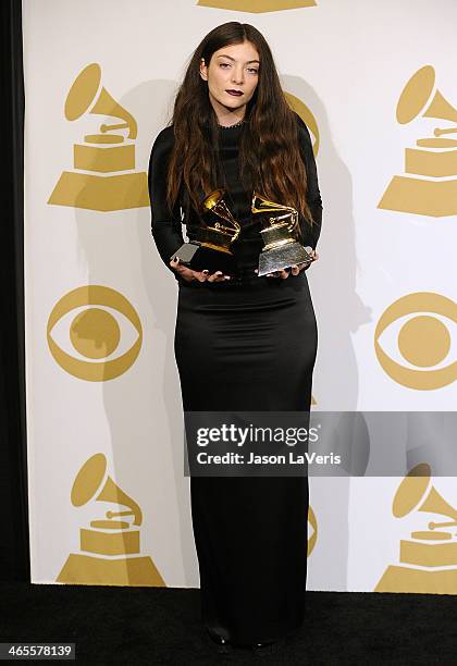 Singer Lorde poses in the press room at the 56th GRAMMY Awards at Staples Center on January 26, 2014 in Los Angeles, California.