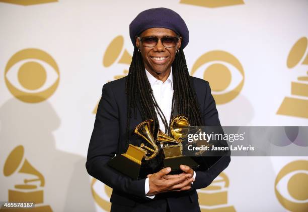 Nile Rodgers poses in the press room at the 56th GRAMMY Awards at Staples Center on January 26, 2014 in Los Angeles, California.