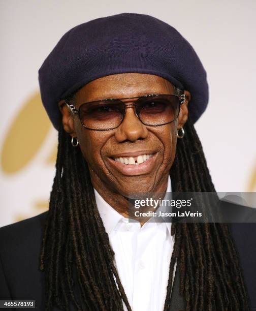 Nile Rodgers poses in the press room at the 56th GRAMMY Awards at Staples Center on January 26, 2014 in Los Angeles, California.