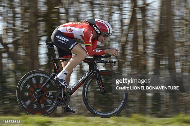 Australia's Adam Hansen competes during the 6,7 km individual time-trial and prologue of the 73rd edition of the Paris-Nice cycling race, on March 8...