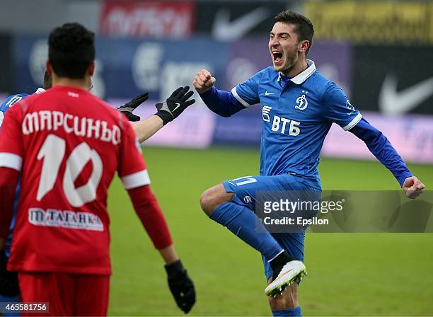 Alexey Ionov of FC Dinamo Moscow selebrates his goal during the Russian Premier League match between FC Dinamo Moscow and FC Ufa Ufa at the Arena...