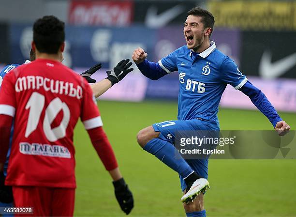Alexey Ionov of FC Dinamo Moscow selebrates his goal during the Russian Premier League match between FC Dinamo Moscow and FC Ufa Ufa at the Arena...