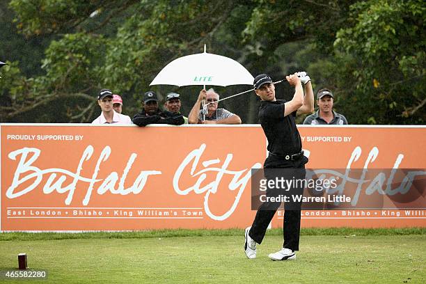 Trevor Fisher Jnr of South frica tees off on the eighth hole during the final round of the Africa Open at East London Golf Club on March 8, 2015 in...