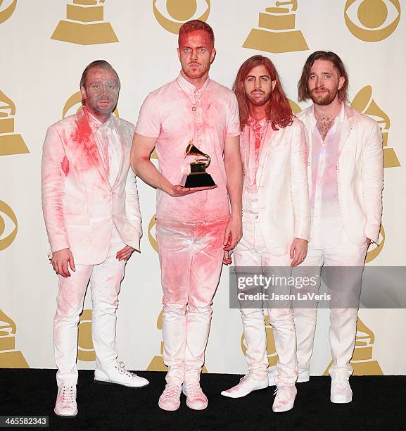 Musicians Ben McKee, Dan Reynolds, Wayne Sermon, and Daniel Platzman of Imagine Dragons, winners of the Best Rock Performance Award for 'Radioactive'...