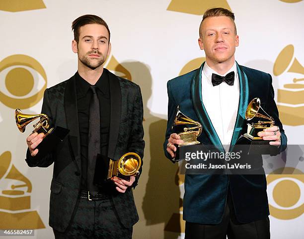 Macklemore & Ryan Lewis pose in the press room at the 56th GRAMMY Awards at Staples Center on January 26, 2014 in Los Angeles, California.