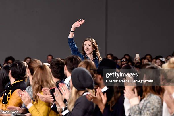 Designer Clare Waight Keller appears on the runway during the Chloe show as part of the Paris Fashion Week Womenswear Fall/Winter 2015/2016 on March...