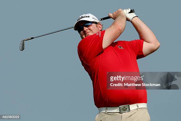 Brad Fritsch of the United States hits off the 17th tee after play was resumed in the third round of the Cartagena de Indias at Karibana Championship...