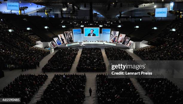 Joe Kaeser, President and Chief Executive Officer of Siemens AG, speaks to the shareholders during the Siemens annual general shareholders' meeting...