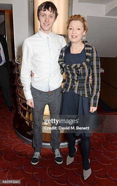 Lesley Manville and son Alfie Oldman attend the 2014 Critics' Circle Theatre Awards at the Prince Of Wales Theatre on January 28, 2014 in London,...