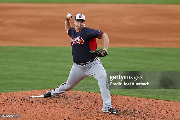 Matt Capps of the Atlanta Braves throws the ball against the New York Mets during a spring training game at Tradition Field on March 7, 2015 in Port...