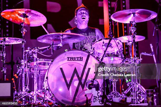 Drummer Gabe Barham of Sleeping With Sirens performs at the Self Help Festival on March 7, 2015 in San Bernardino, California.