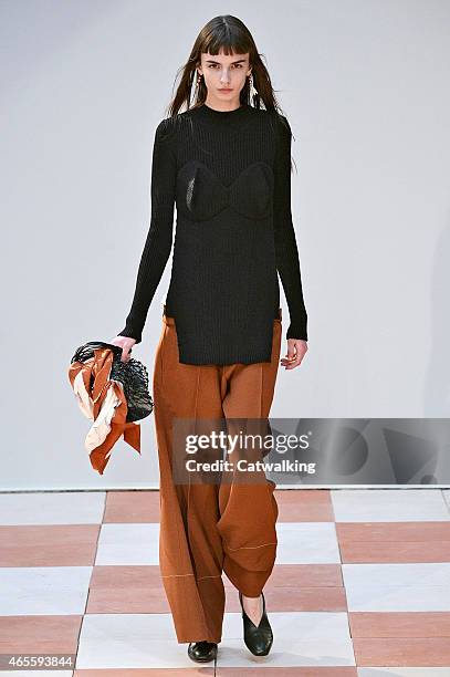 Model walks the runway at the Celine Autumn Winter 2015 fashion show during Paris Fashion Week on March 8, 2015 in Paris, France.