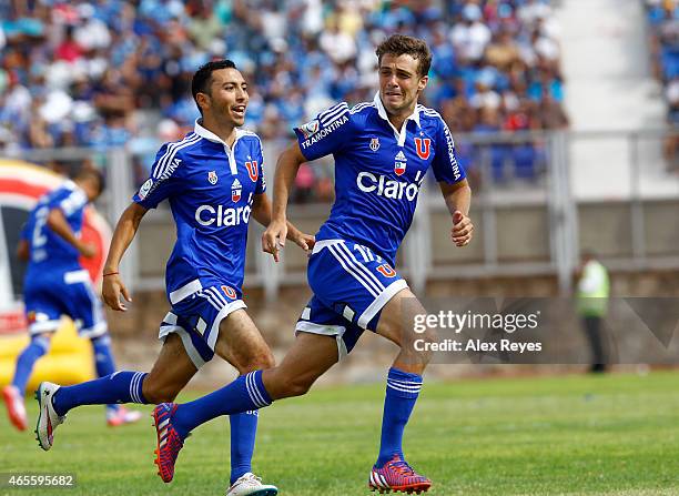 Maximiliano Rodríguez of U de Chile celebrates after scoring the first goal of his team's against San Marcos de Arica, during a match between San...