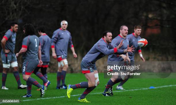 Wales centre Jamie Roberts in action with team mates during Wales training ahead of their RBS Six Nations match against Italy on saturday, at the...